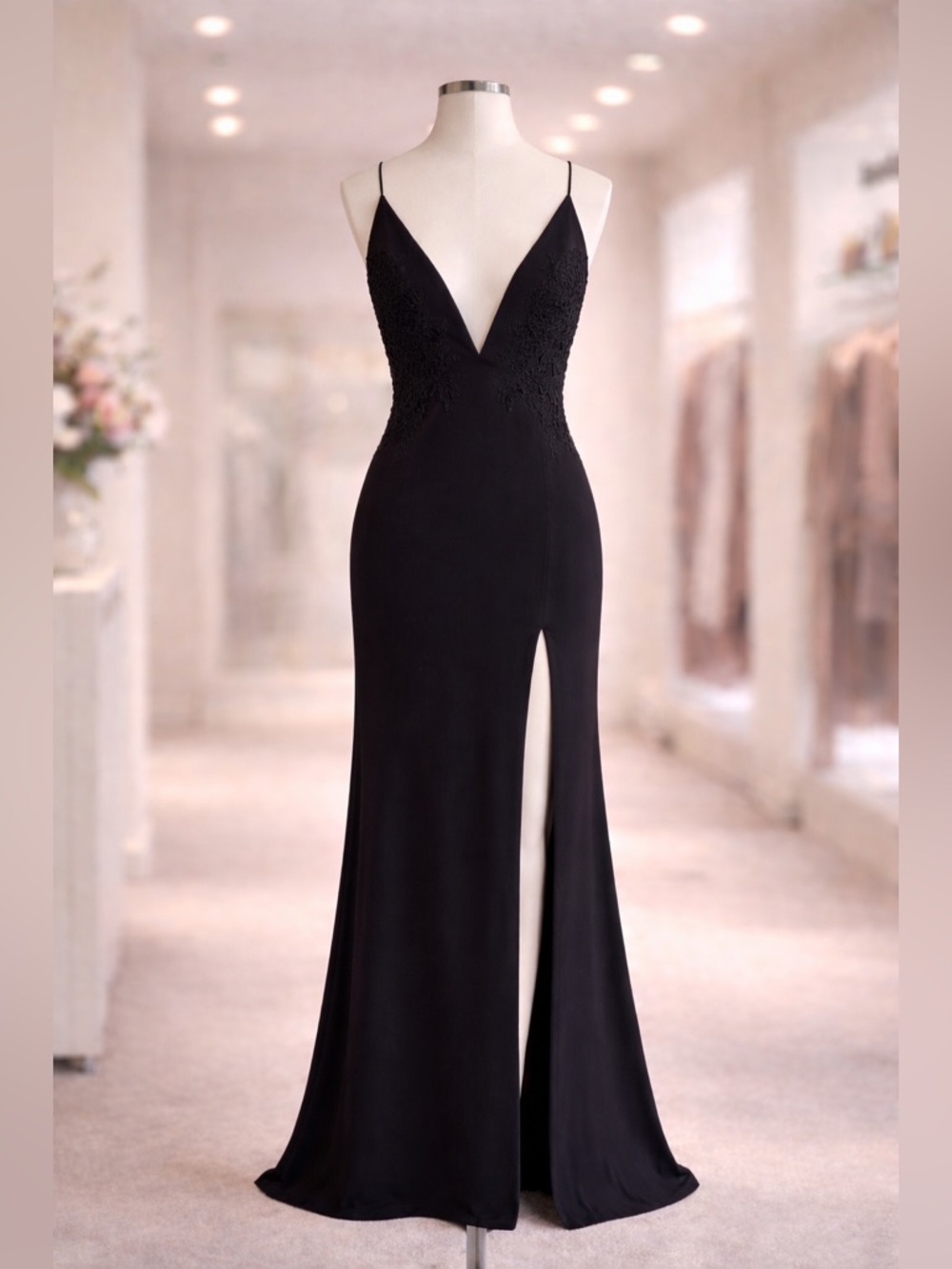 Black Spaghetti-Strap Evening Gown with Side Slit